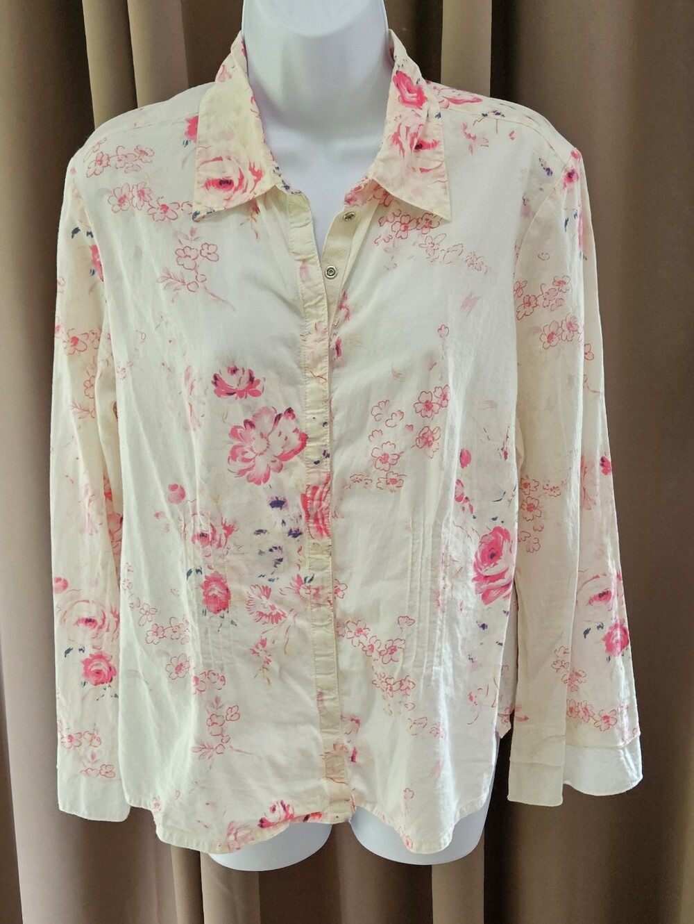 J. Jill Pink Cabbage Rose Floral Button Up Blouse Top Cottagecore